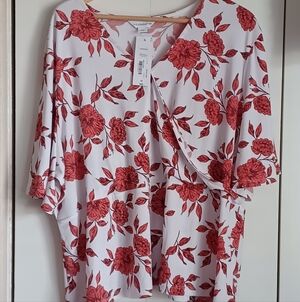 Liz Claiborne NWT Cross Body White Floral V Neck Blouse Size 3X